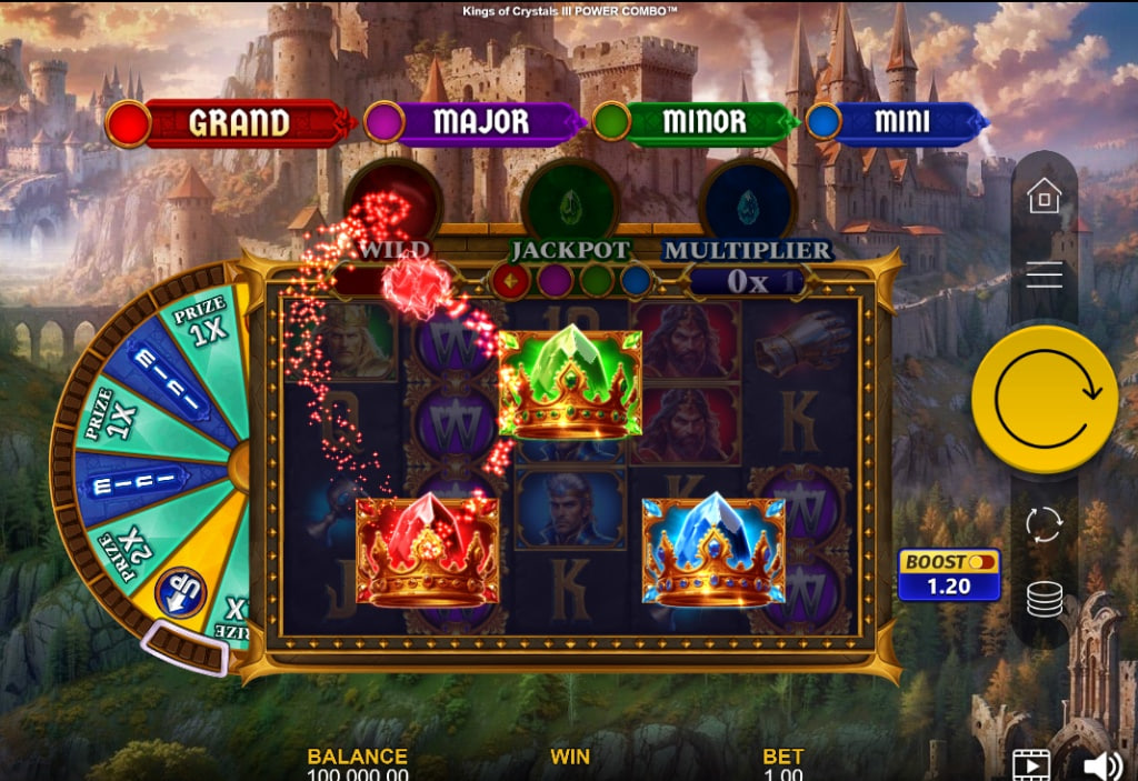 Kings of Crystals III POWER COMBO slot base game interface showing 5 reels, three colored collection pots, and fantasy castle background.