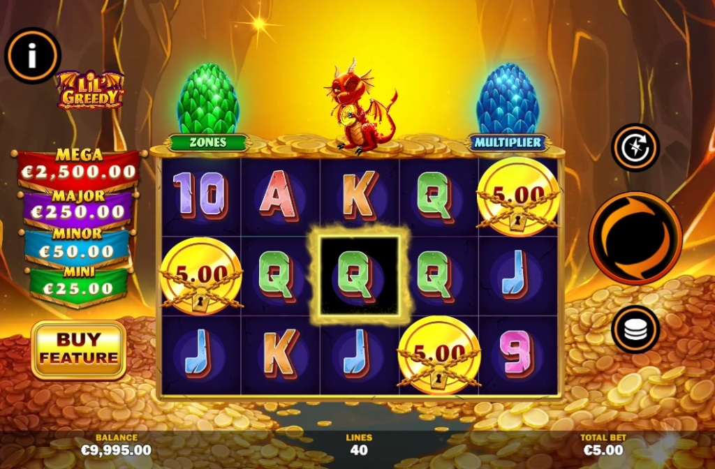 Base game grid of Lil' Greedy slot by Playtech showing the 5x4 layout and the central Dragon Zone.