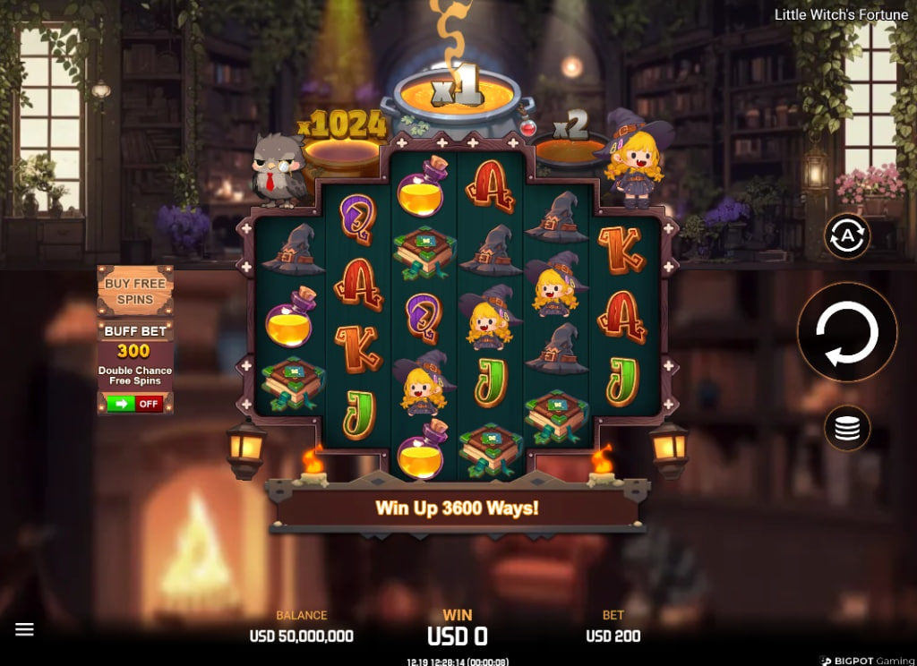 Little Witch's Fortune slot base game interface showing 3-4-4-4-3 reel layout and 3600 ways to win mechanism.