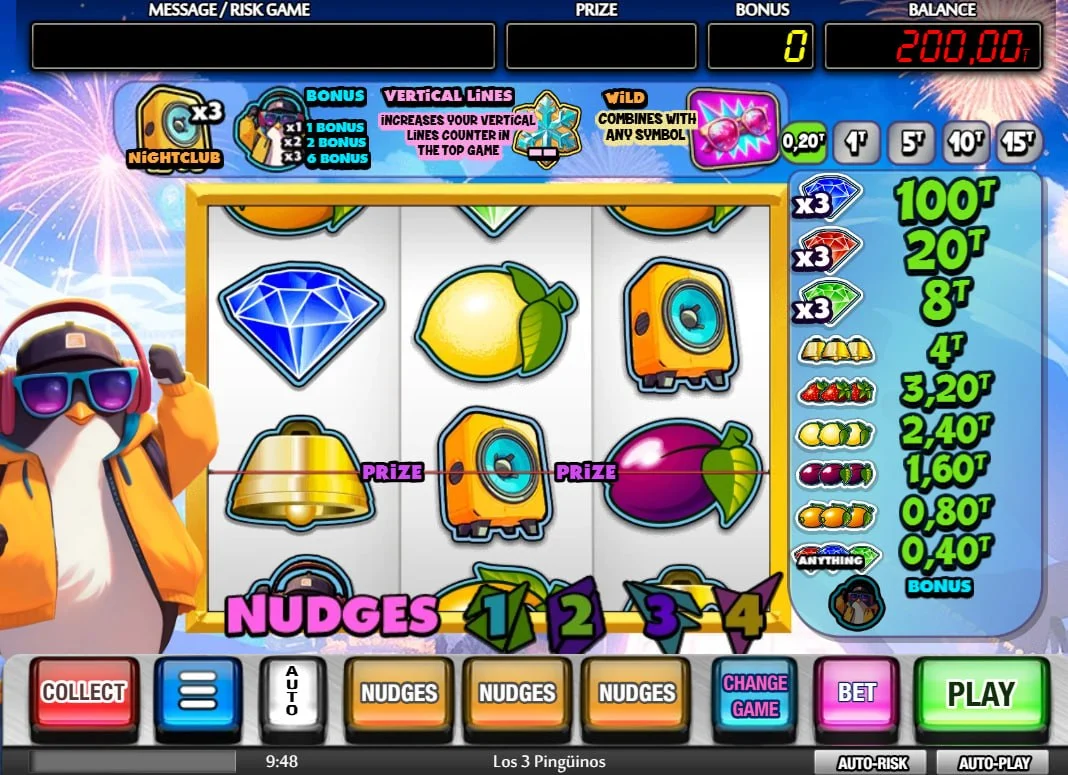 Main game interface of Los 3 Pingüinos slot showing the 3x3 reel set and nudge buttons which allow players to manipulate reel positions for wins.
