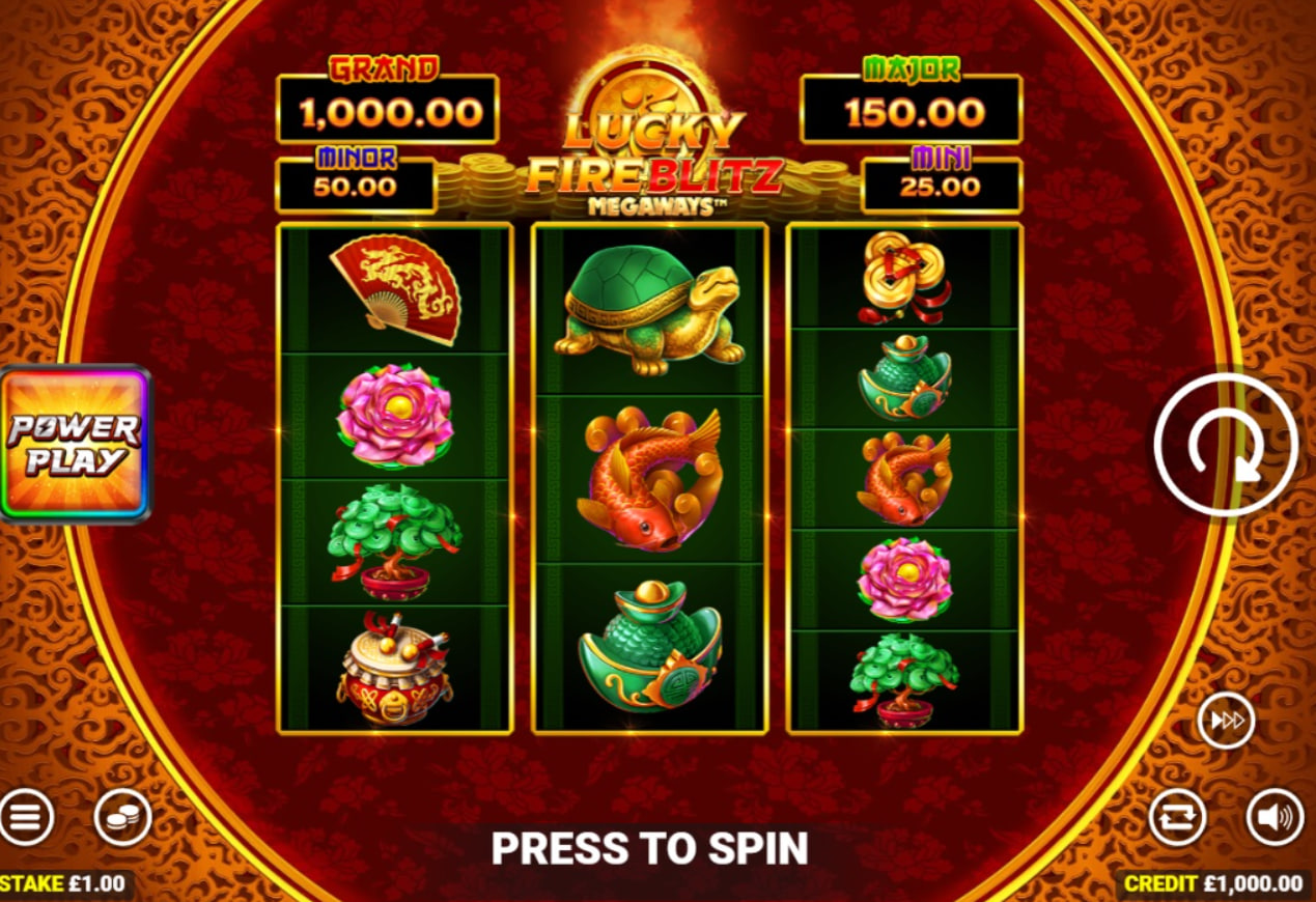 Lucky Fire Blitz Megaways slot base game showing 3 reels and Asian themed symbols