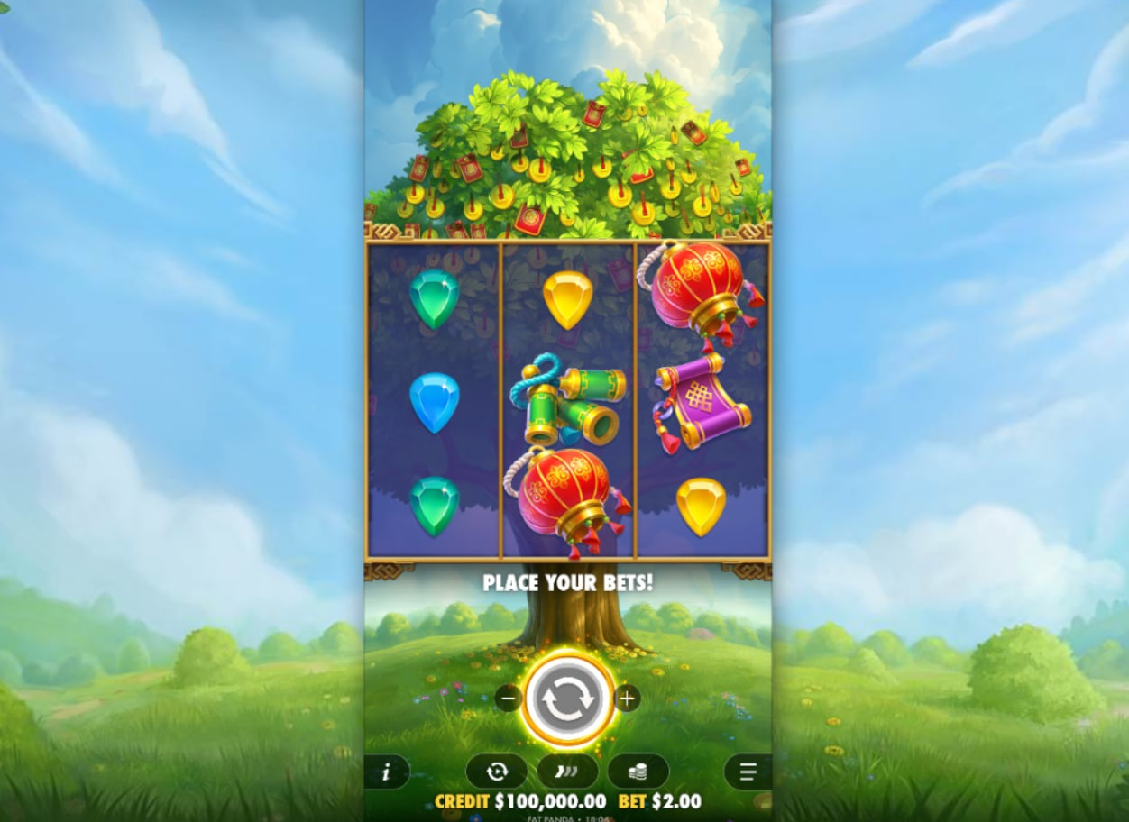 Lucky Fortune Tree slot main game grid 3x3 layout with green landscape background and gem symbols.