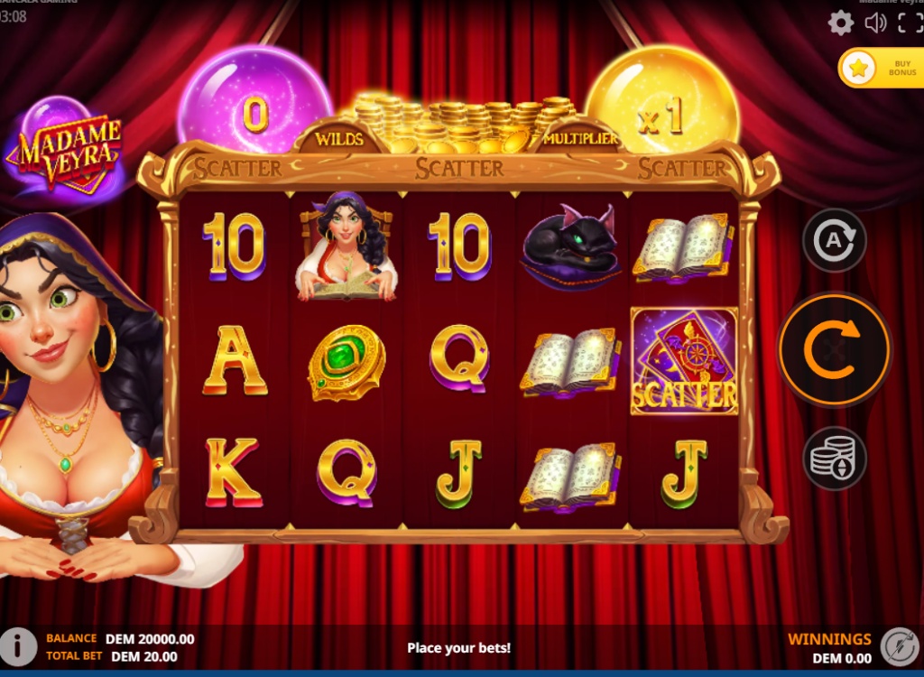 Madame Veyra slot base game 5x3 grid with red curtains background.
