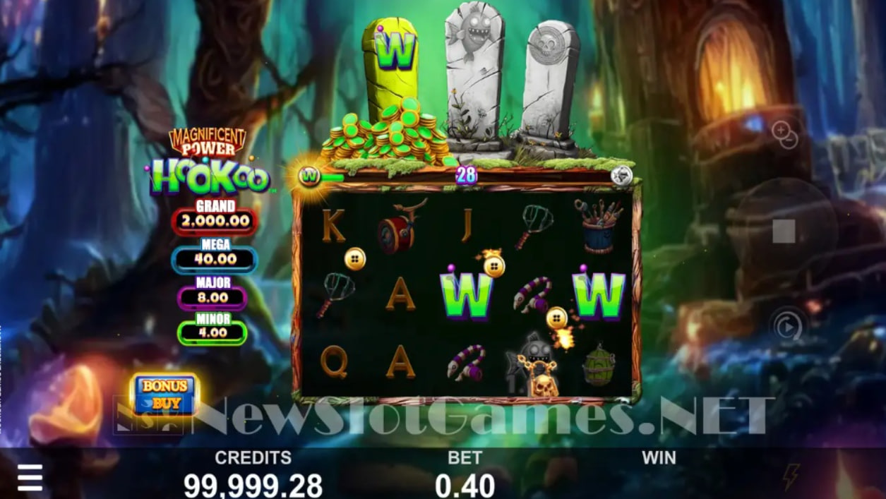 Base game reels of Magnificent Power HooKoo slot featuring voodoo symbols and token collection meter.