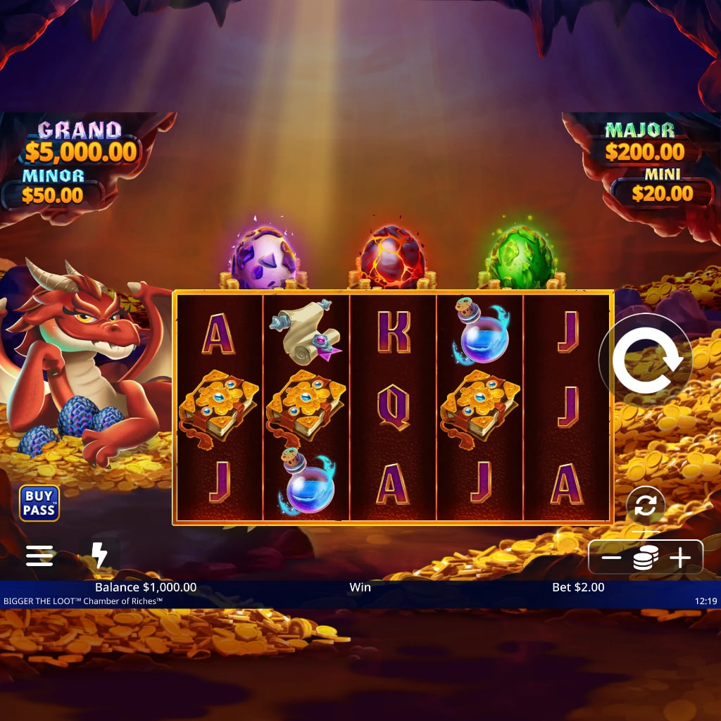 Bigger the Loot Chamber of Riches slot main game screen showing 5 reels, red dragon character, and three bonus eggs.