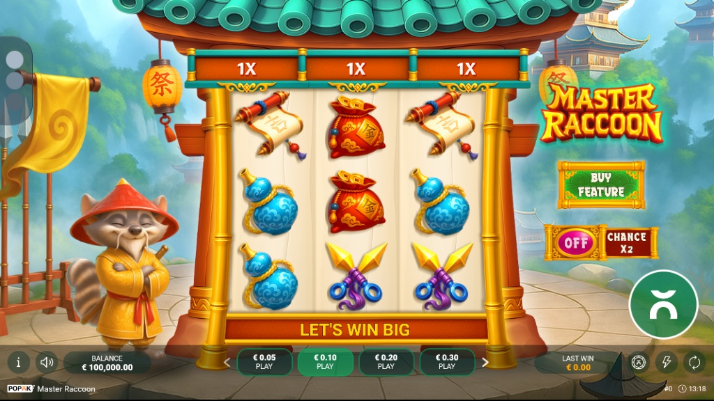 Master Raccoon slot base game interface showing 3x3 grid, raccoon character, and top multiplier reel.