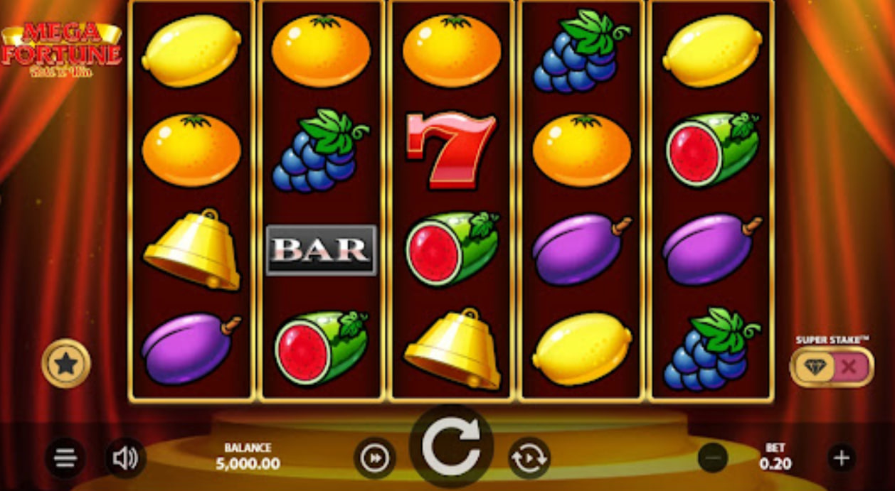 Mega Fortune Hold 'n' Win slot base game interface showing 5x4 grid with fruit symbols and coin overlays.