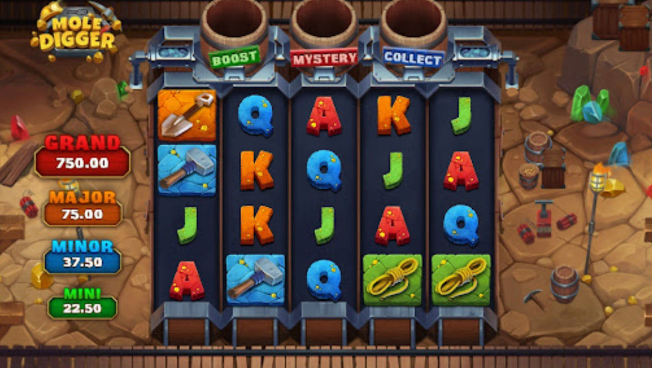 Mole Digger slot base game interface showing 5x3 reels, mining symbols, and feature pots above the grid.