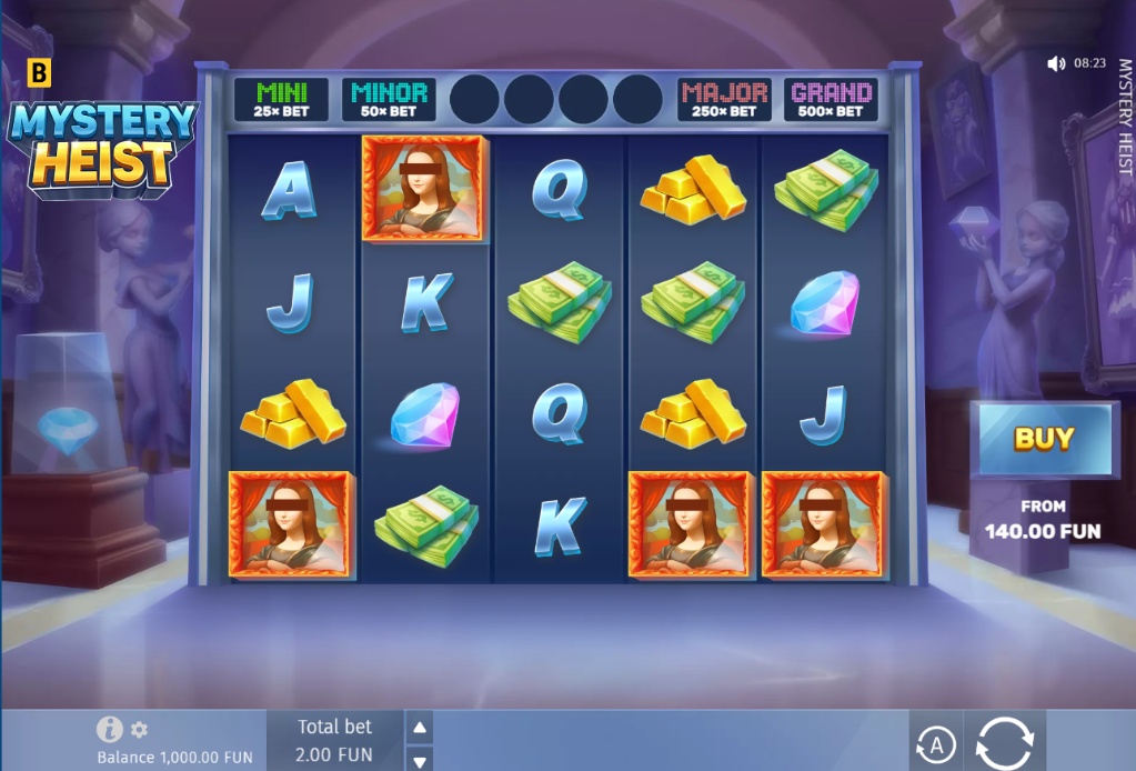 Mystery Heist slot base game screen showing 5 reels, 4 rows, and Mona Lisa symbols inside a museum setting.