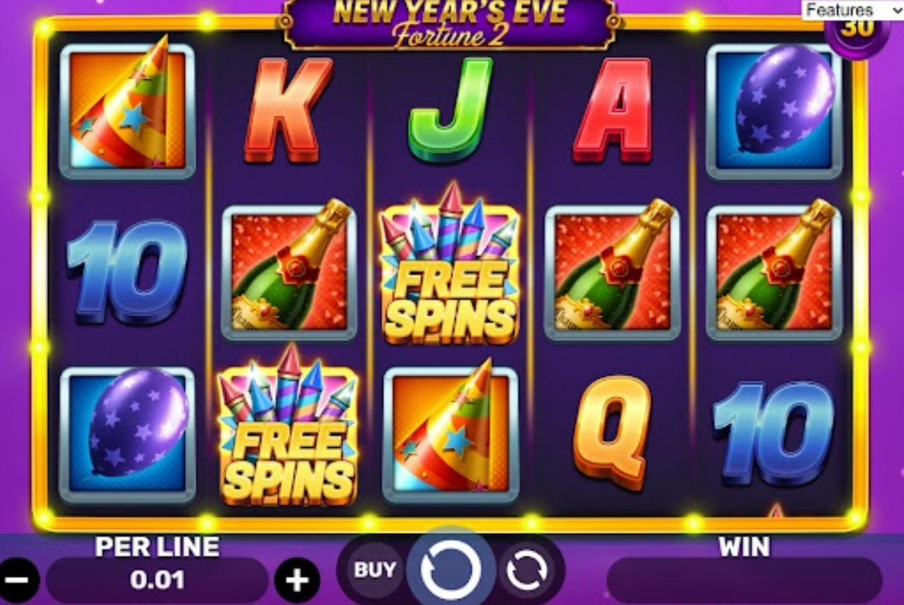 New Year's Eve Fortune 2 slot base game grid by Spinomenal featuring neon borders and champagne symbols.