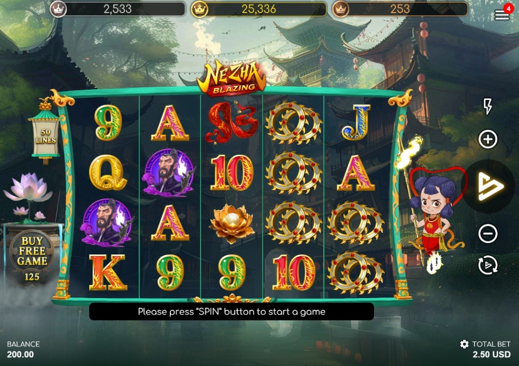 Nezha Blazing slot base game interface showing 5x3 grid and 50 lines lantern.
