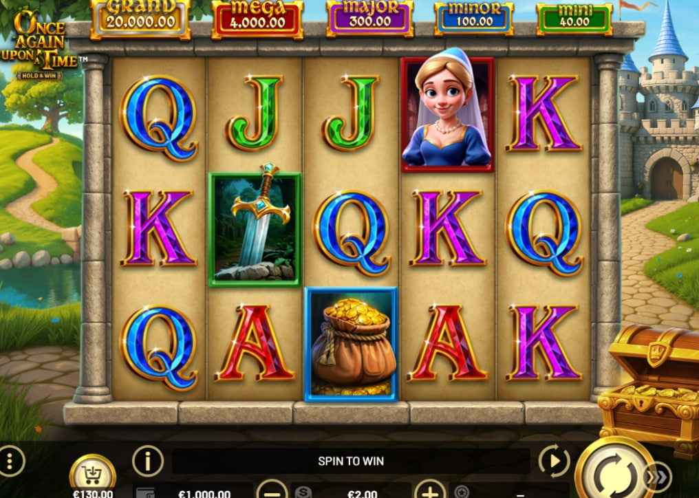 Once Again Upon a Time slot base game grid with medieval castle background and mystery symbols