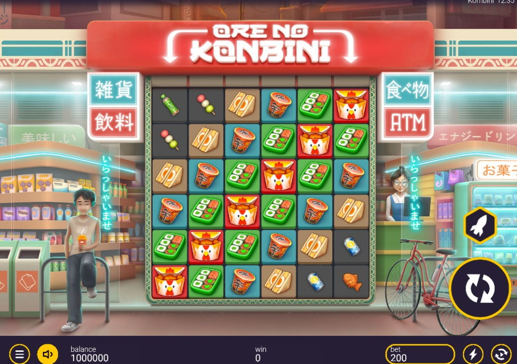 Ore No Konbini slot base game 6x6 grid featuring bento and onigiri symbols with anime store background.