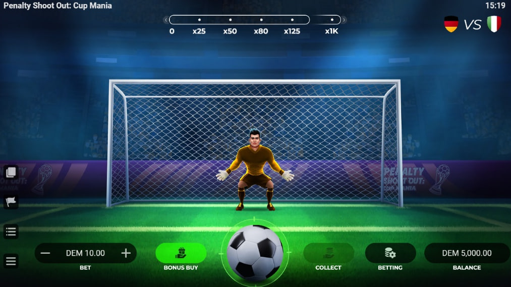 Penalty Shoot Out Cup Mania gameplay screen showing goalkeeper and ball with country selection.