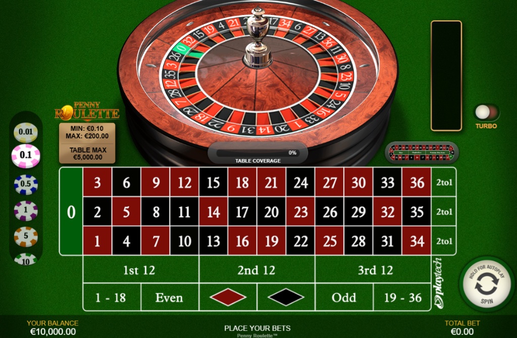 Penny Roulette by Playtech interface showing green felt betting table, chip tray with 0.01 chips, and 3D wheel at the top.