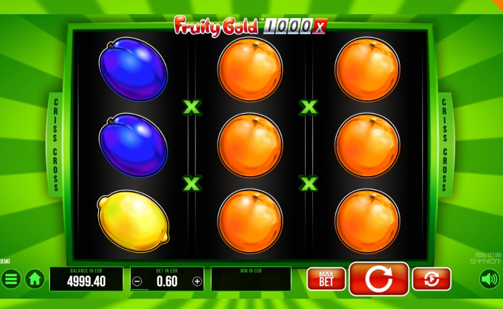 Fruity Gold 1000 slot base game interface showing 3x3 grid with orange and lemon symbols on green background.
