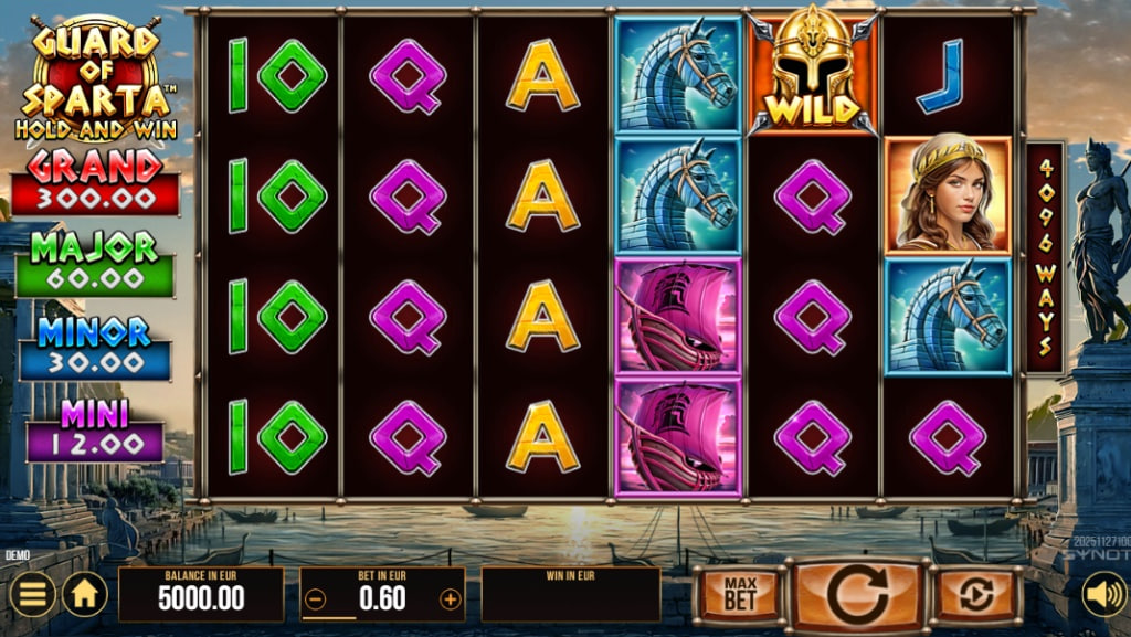 Guard of Sparta slot base game interface showing 6 reels, Spartan helmet wilds, and 4096 ways to win layout with ancient harbor background.