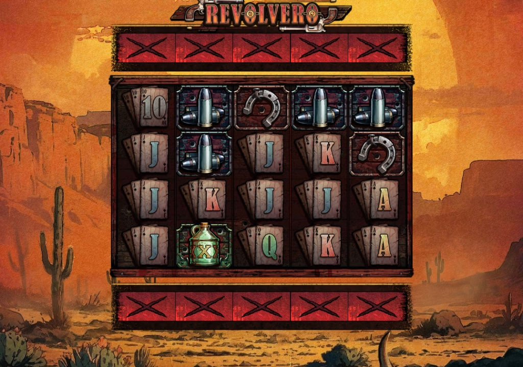 Revolvero slot base game interface featuring 5x4 grid and gunslinger rows with canyon background.