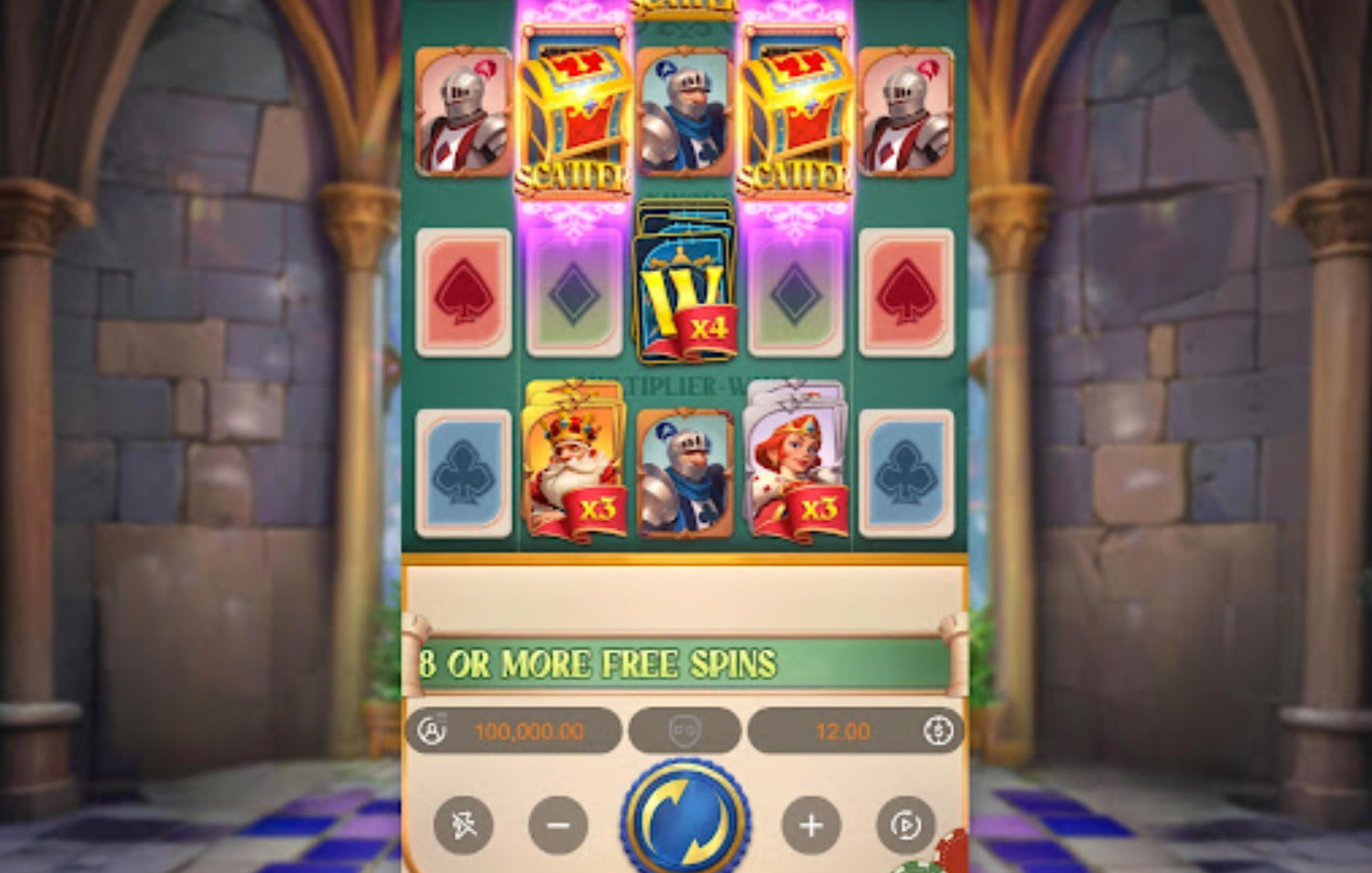 Poker Kingdom Win slot base game interface showing medieval castle background and 5x3 reel grid with Knight symbols.