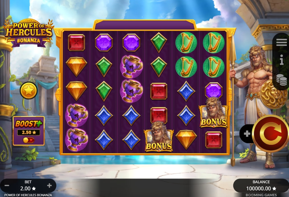 Main 6x5 game grid of Power of Hercules Bonanza slot showing various gems and harp symbols set against a Greek temple background.