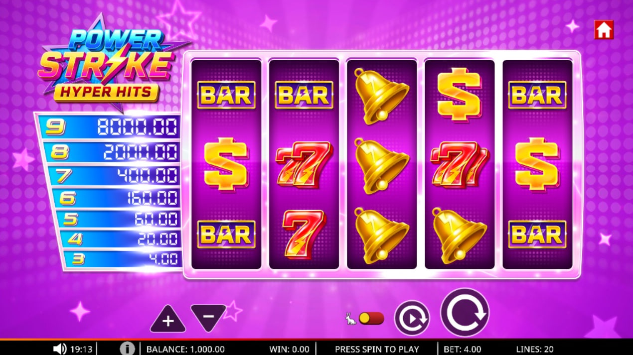 Power Strike Hyper Hits slot base game screen showing 5x3 grid and prize ladder.