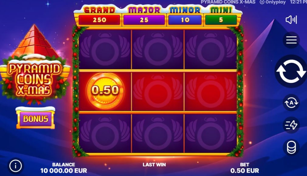Base game interface of Pyramid Coins X-Mas slot showing the 3x3 grid and snow-covered pyramids.