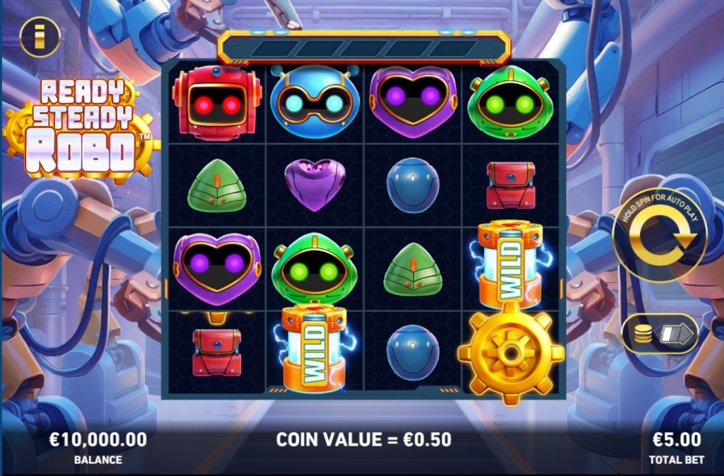Ready Steady Robo slot base game 4x4 grid with robot symbols and 256 ways to win interface.