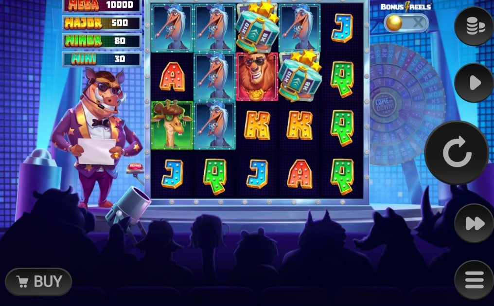 Come on Down slot base game interface featuring Teddy Tusk host and animal symbols on a 5x4 grid.