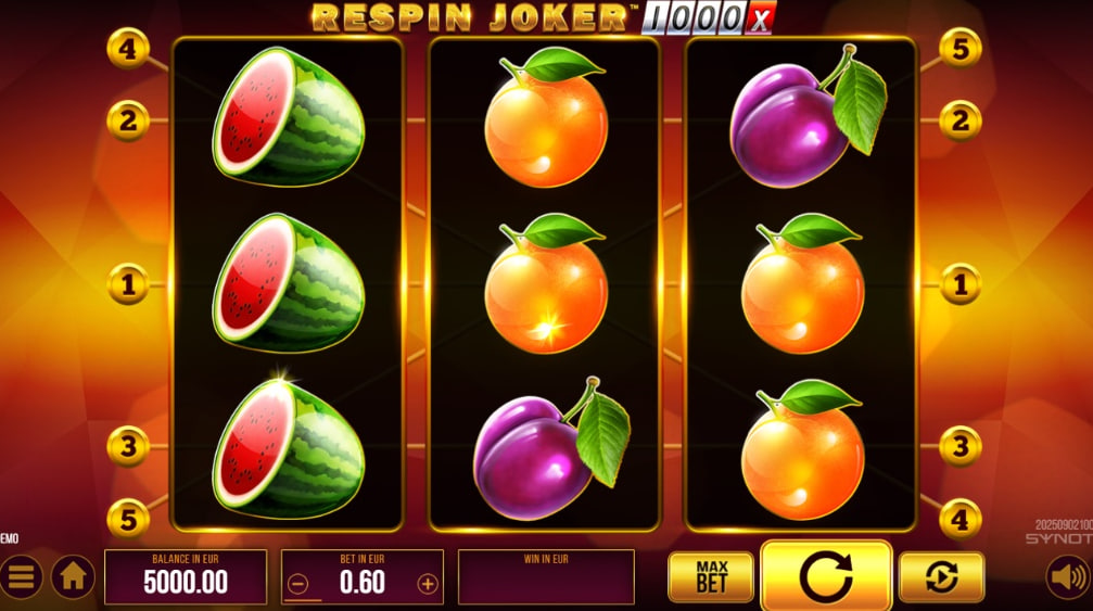 Base game interface of Respin Joker 1000 slot by SYNOT Games showing 3 reels and fruit symbols.