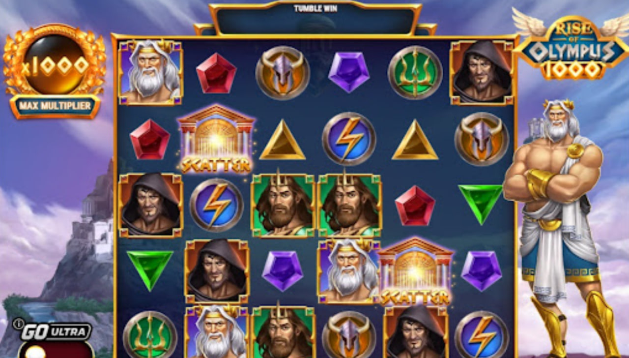 Rise of Olympus 1000 5x5 grid slot interface showing Zeus and cascading symbols.