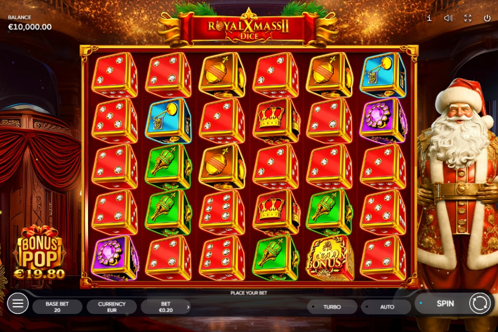 Royal Xmass 2 Dice slot base game grid showing 6 reels and Christmas themed dice symbols.