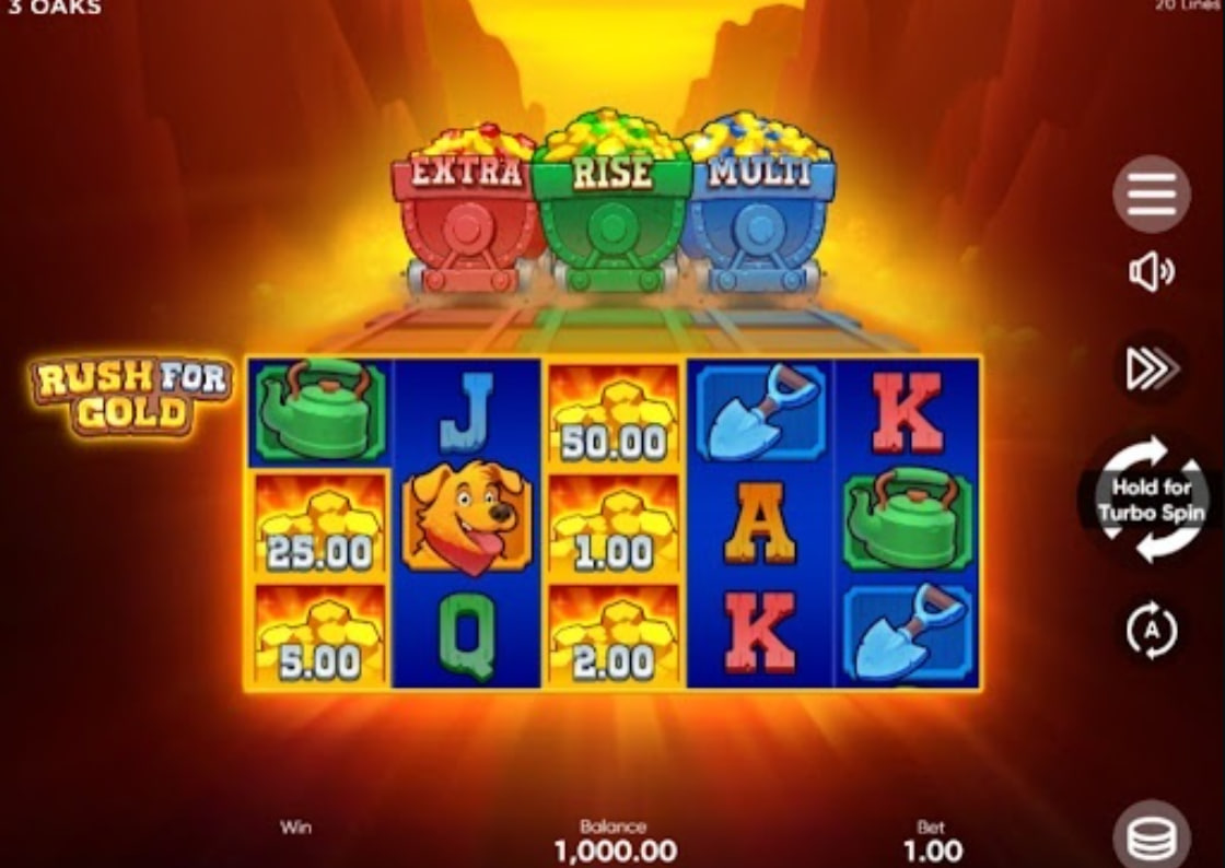 Rush for Gold slot base game interface by 3 Oaks Gaming featuring 5 reels and 3 collection pots.