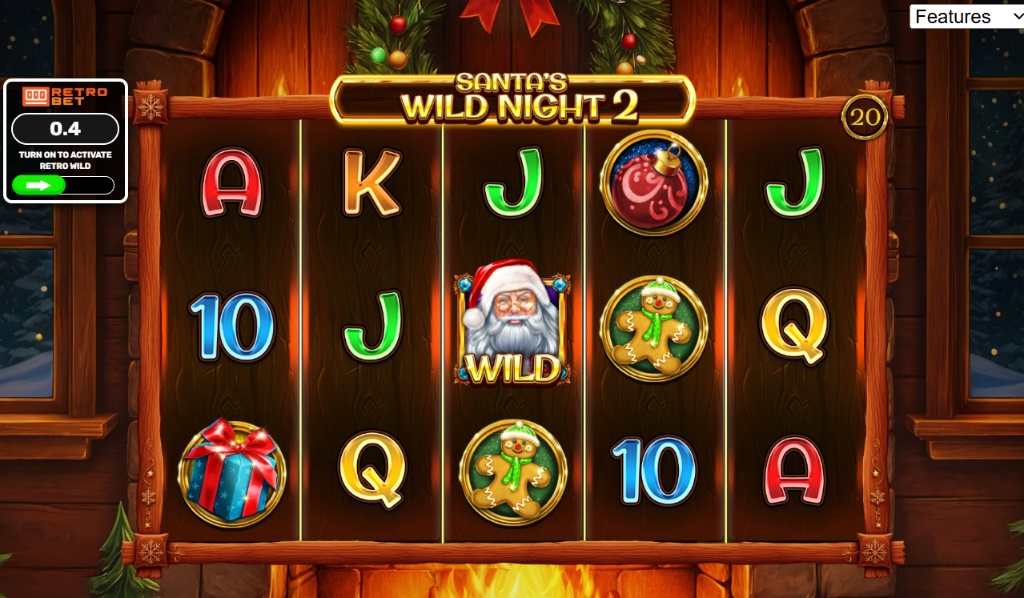 Santa's Wild Night 2 slot base game interface by Retro Gaming with 5 reels and Christmas fireplace background.