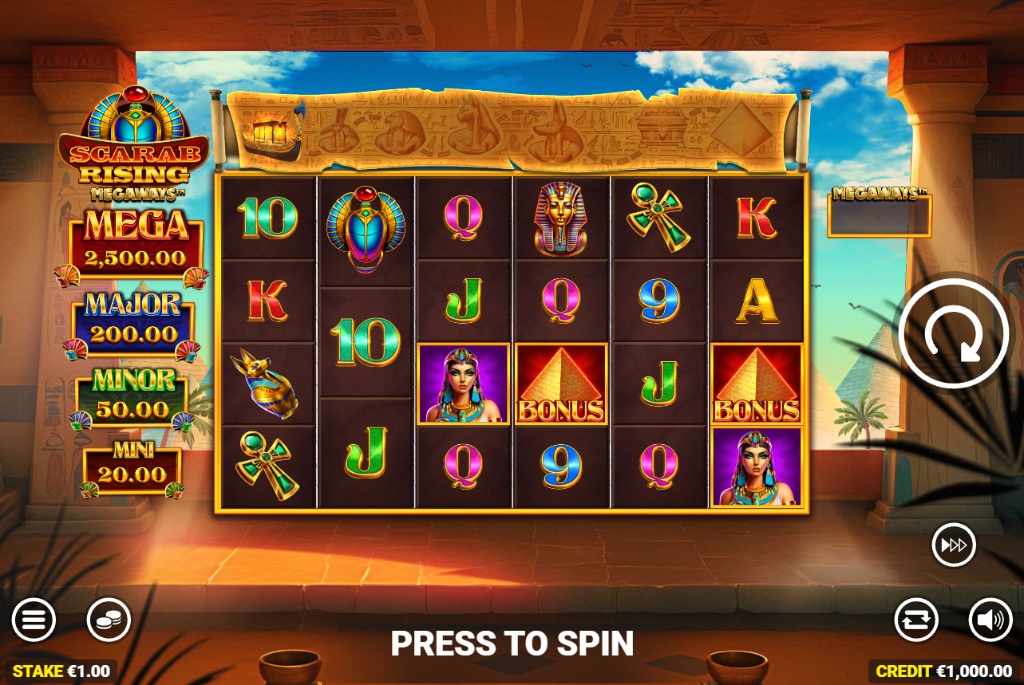 Scarab Rising Megaways slot base game grid showing 6 reels and temple background.