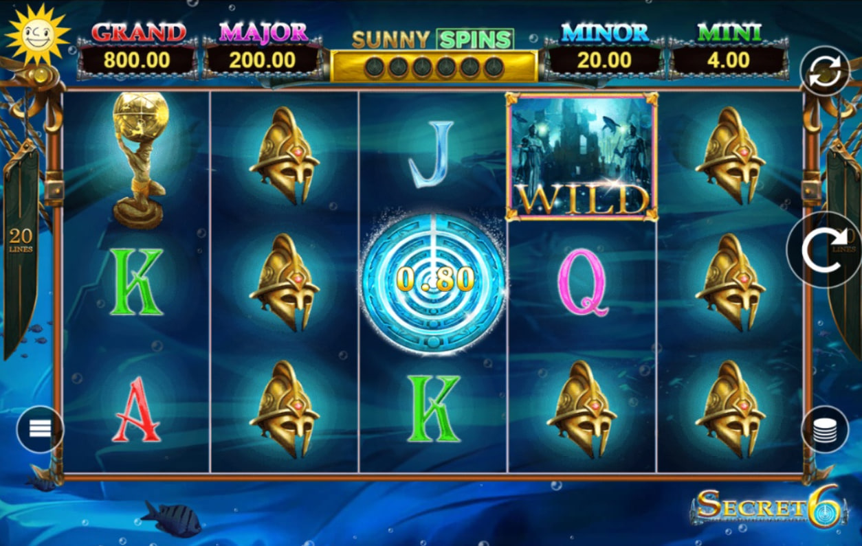Secret 6 slot base game interface showing 5x3 reels with Spartan helmet symbols and underwater background.