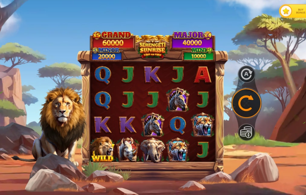 Serengeti Sunrise slot base game interface showing 5x4 grid with elephant and rhino symbols on the savannah background.
