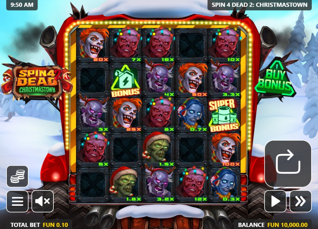Main 5x4 grid of Spin 4 Dead 2 slot by GameBeat featuring zombie symbols in a snowy apocalyptic setting.