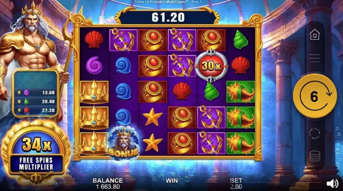 Strike of Poseidon MultiChase 6x5 grid base game view.