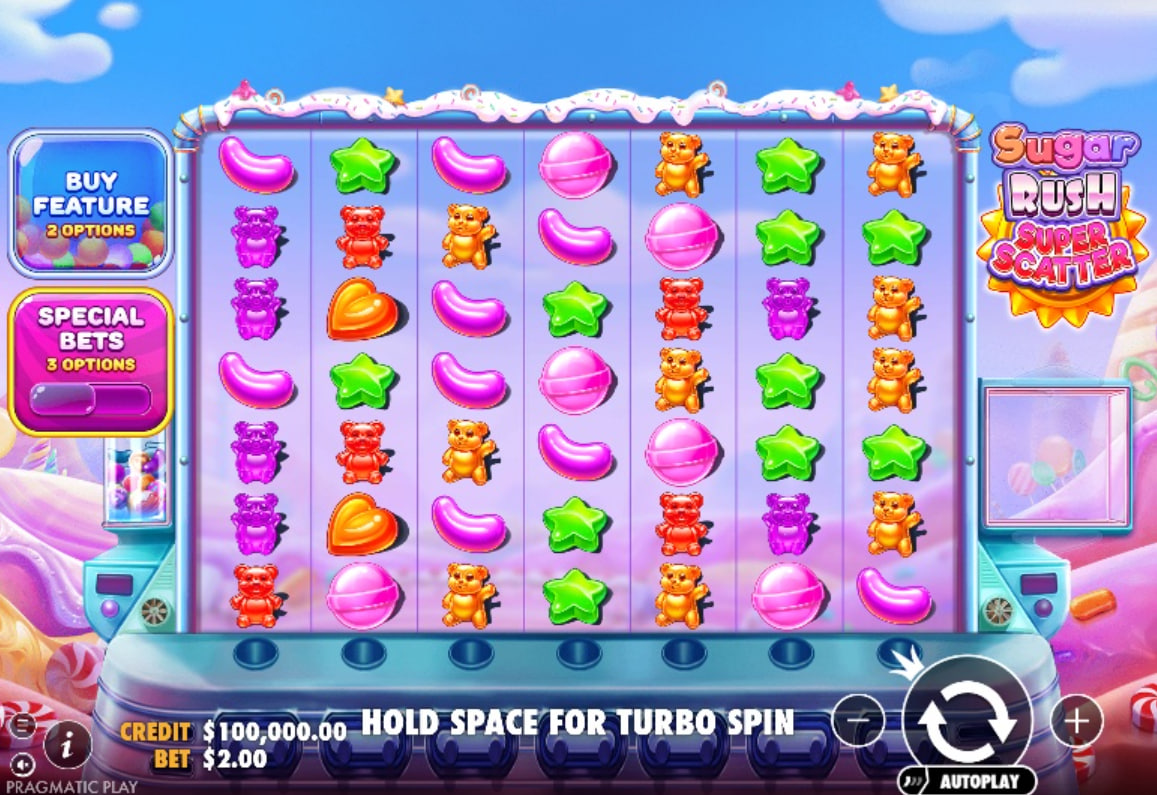 Sugar Rush Super Scatter slot base game 7x7 grid with candy symbols