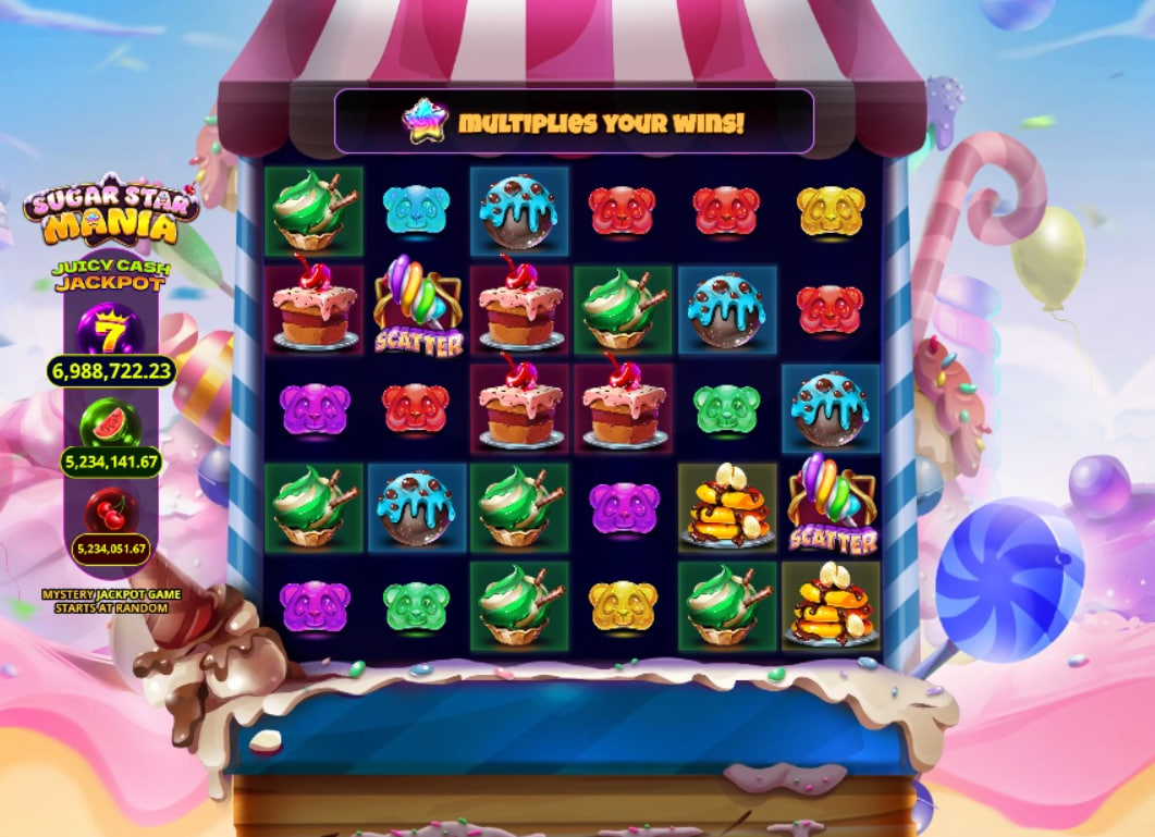 Sugar Star Mania slot 6x5 grid layout featuring colorful candy symbols like gummy bears and cupcakes on a dark blue background.