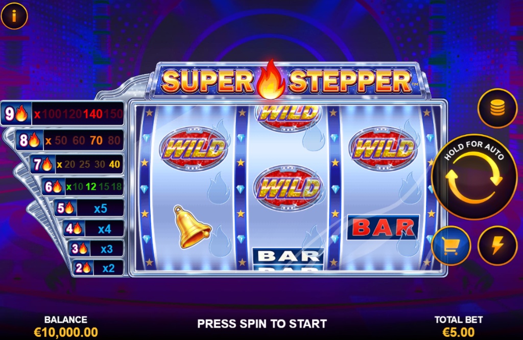Super Stepper 3-reel slot interface by Playtech showing classic symbols and multiplier ladder.