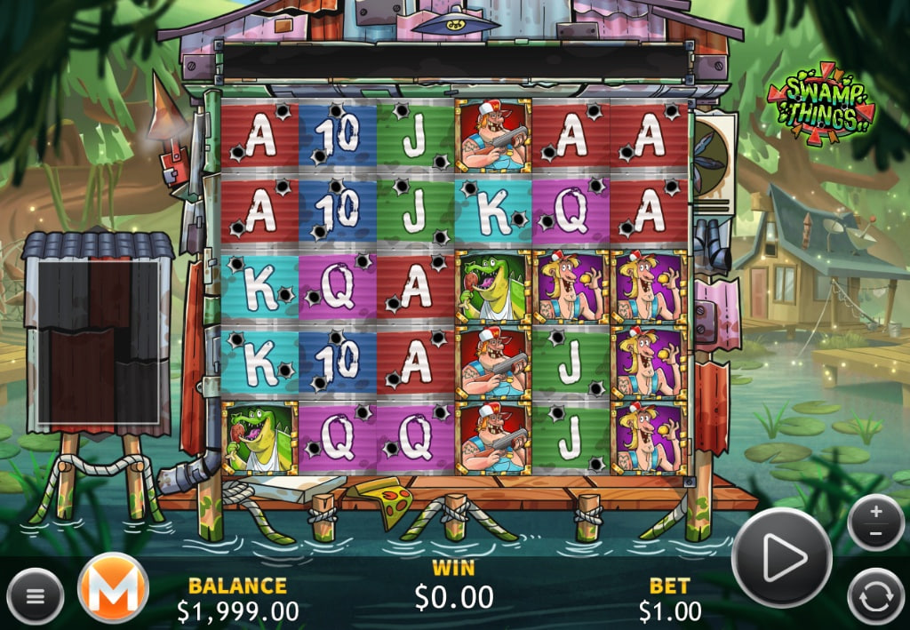 Swamp Things slot base game interface showing 5x4 grid and scatter pays mechanic.