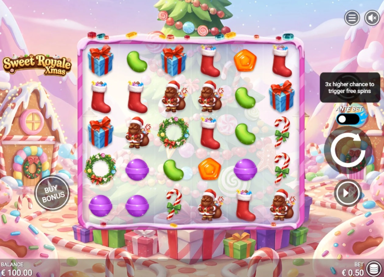 Sweet Royale Xmas slot base game interface showing 6x5 grid and candy symbols.