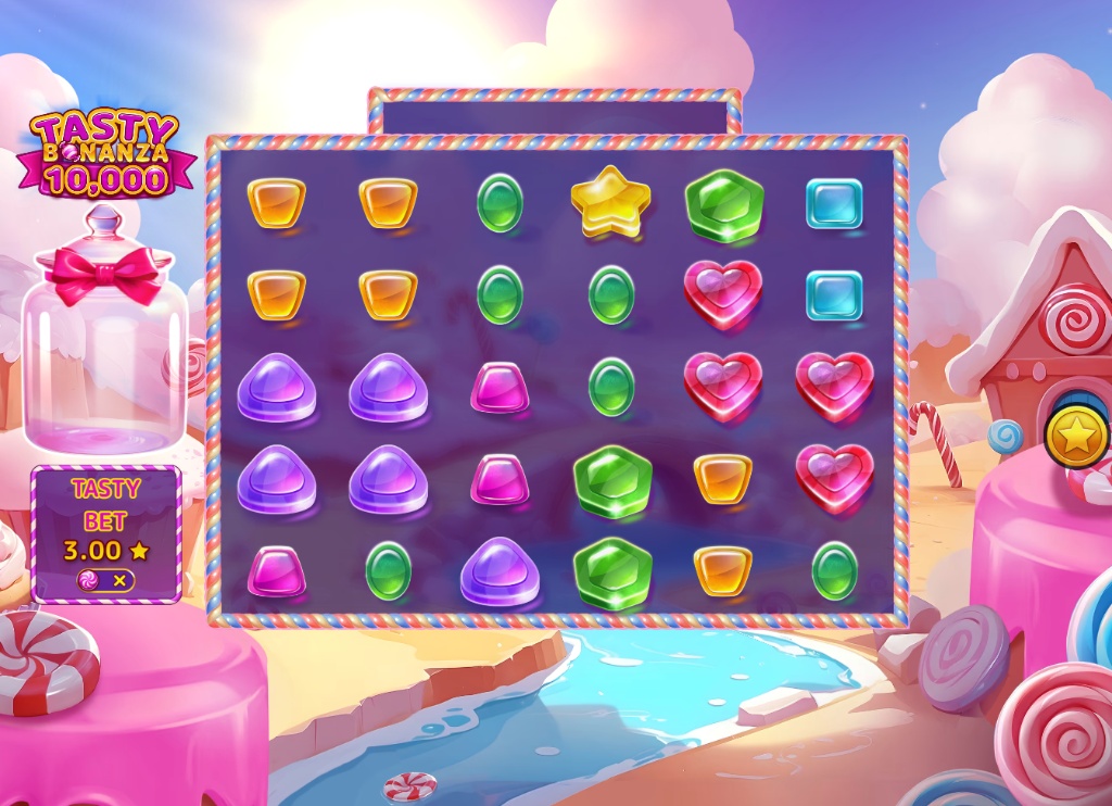 Tasty Bonanza 10,000 slot base game interface showing 6x5 grid with candy symbols and user settings.