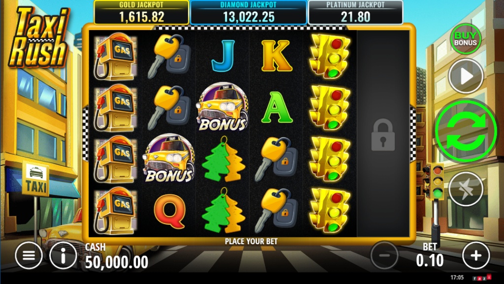 Taxi Rush slot base game interface showing 5x3 grid with gas pump and traffic light symbols.
