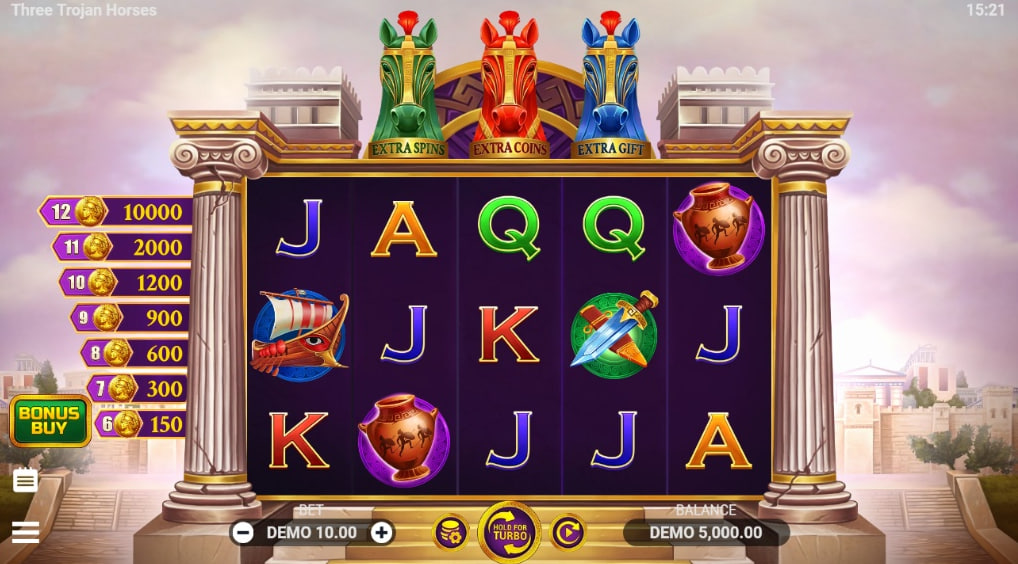 Three Trojan Horses slot base game with Greek temple background and three colored horse heads