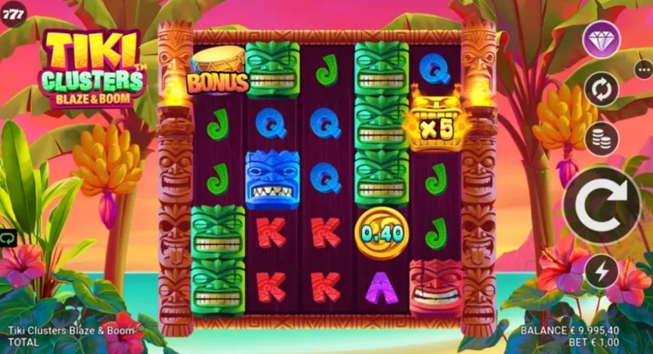 5x5 grid of Tiki Clusters Blaze & Boom slot featuring colorful tiki masks and tropical beach background.