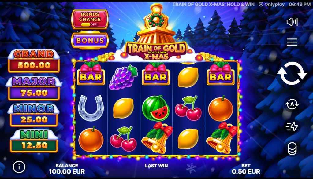 Train of Gold Hold & Win X-Mas slot main game interface with 5x3 reels and christmas theme.