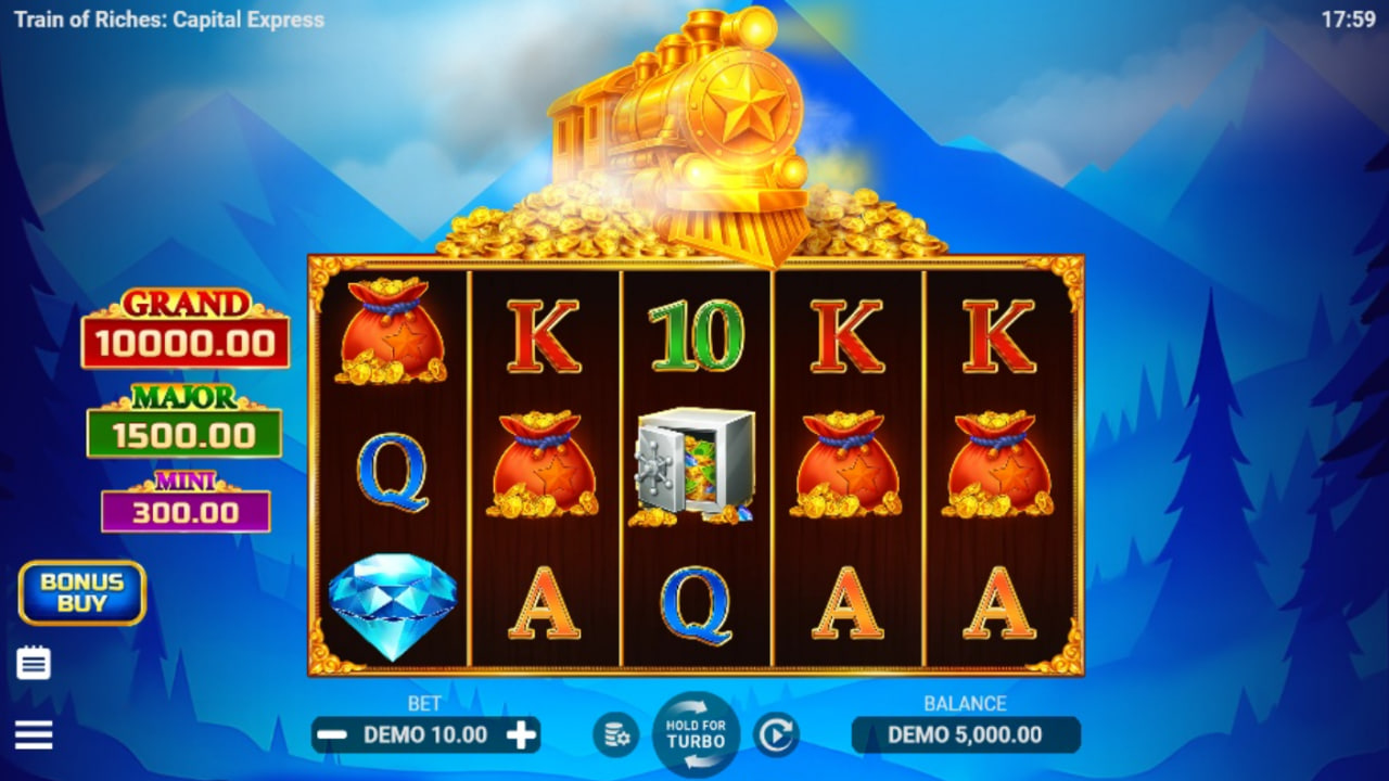 ase game grid of Train of Riches slot showing 5x4 reels and train background