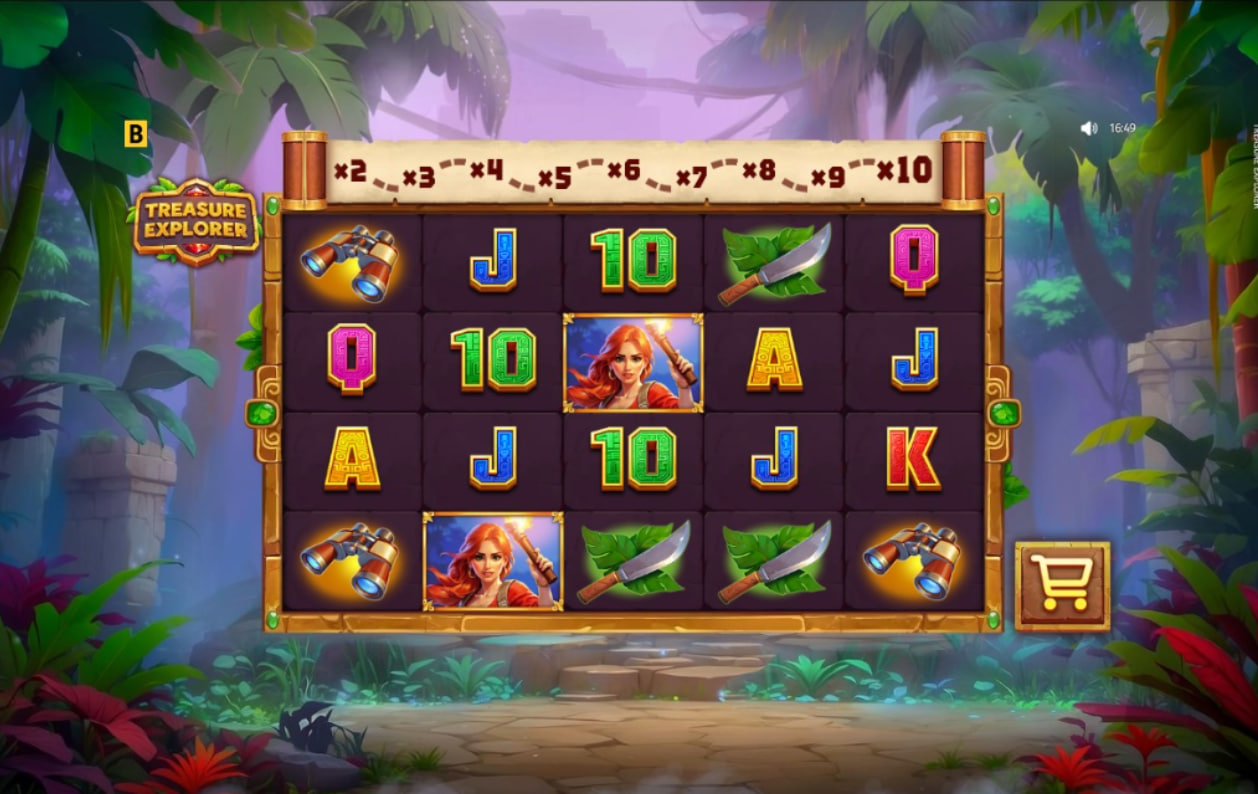Treasure Explorer slot base game main screen showing 5x3 reels and x2 to x10 multiplier bar.